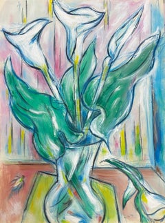 French Modernist Gouache Painting White Lillies In Vase Placed On Yellow Table