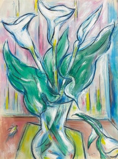 Quadro modernista francese a guazzo Fiori bianchi in vaso appoggiati su un tavolo giallo