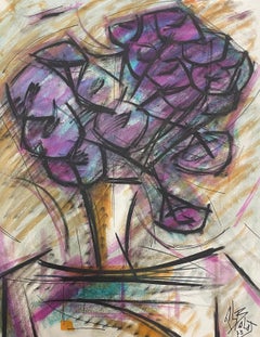 French Modernist Gouache Wacky Painting Of Purple Peonies