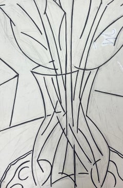 French Modernist Goulash Painting Black And White Drawing Flowers In Vase