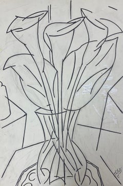 French Modernist Goulash Painting Black And White Drawing Flowers In Vase 