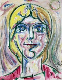 Vintage French Modernist Goulash Painting Multi-color Portrait Of Blonde Woman
