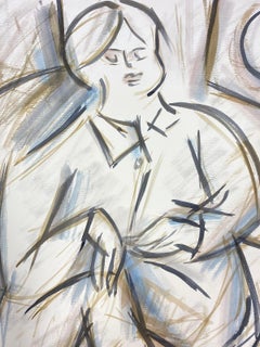 French Modernist Painting Of A Blue Geometric Style Portrait