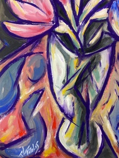 French Modernist Painting Of Pink And Purple Tulips In Clear Glass Vase