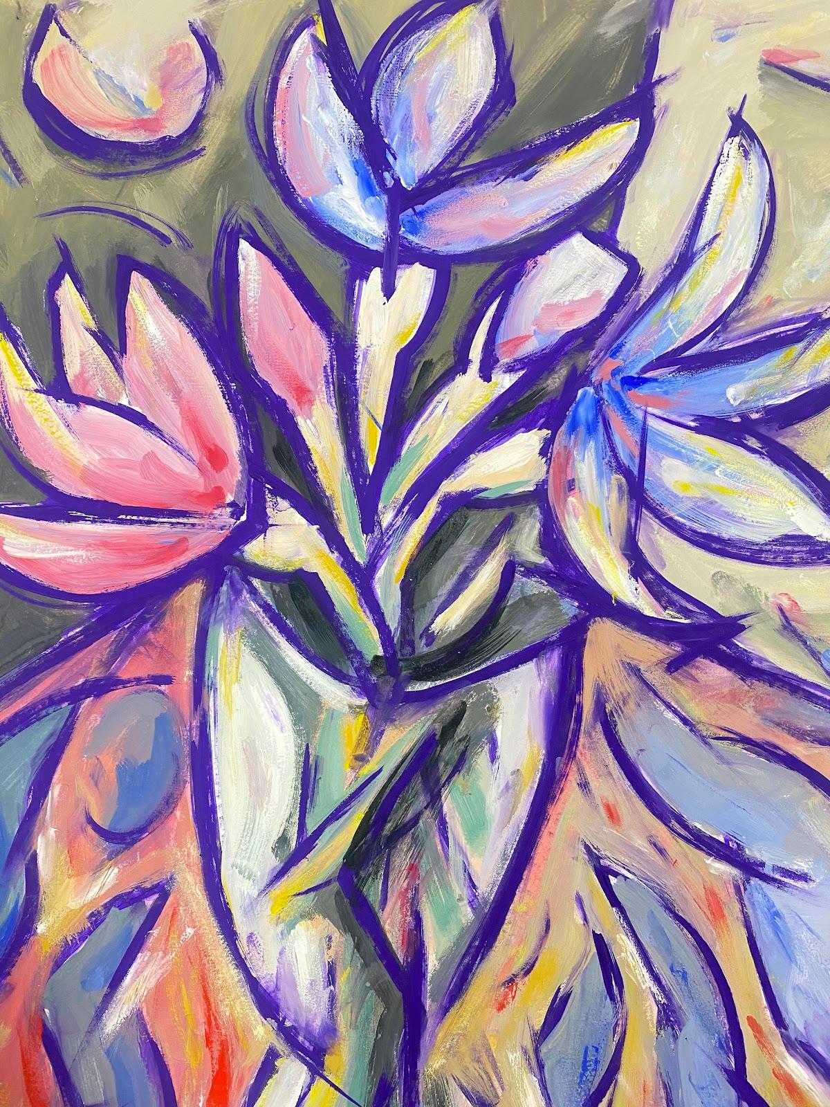 Peinture moderniste française de tulipes roses et violettes dans un vase en verre transparent - Moderne Painting par Paul-Louis Bolot (French 1918-2003)