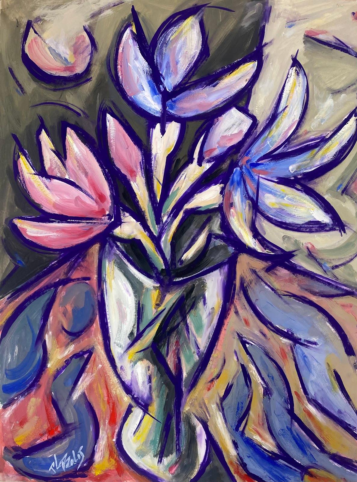 Still-Life Painting Paul-Louis Bolot (French 1918-2003) - Peinture moderniste française de tulipes roses et violettes dans un vase en verre transparent