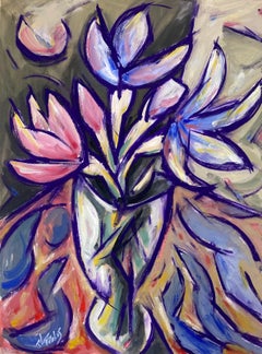 French Modernist Painting Of Pink And Purple Tulips In Clear Glass Vase