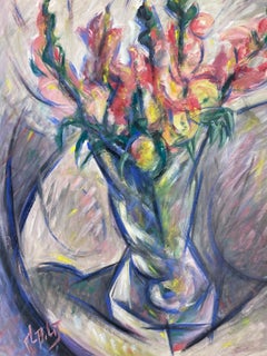 French Modernist Painting Of Pink And Yellow Flowers In Glass Vase