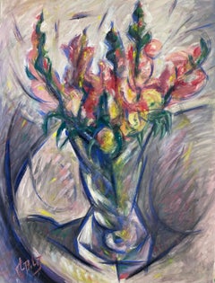 Peinture moderniste française représentant des fleurs roses et jaunes dans un vase en verre