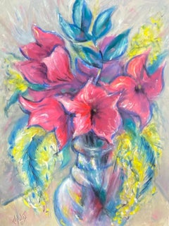 French Modernist Painting Of Red Amaryllis Flowers In A Clear Vase