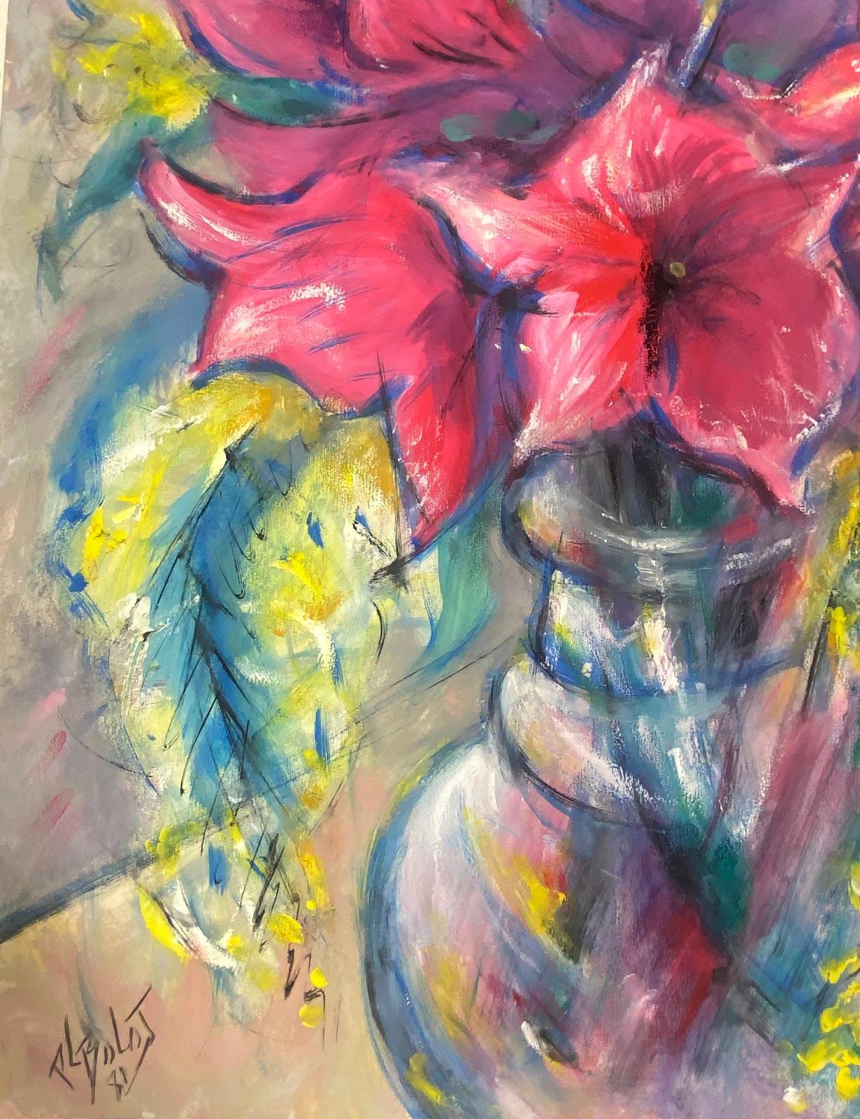 oil pastel flower vase
