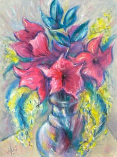 Peinture moderniste française de fleurs d'acajou rouges dans un vase transparent 