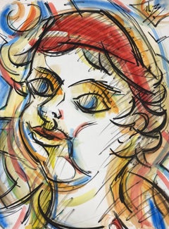 French Modernist Painting Red, Blue and Yellow Portrait Of Young Boy