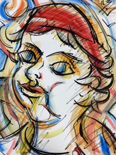 Peinture moderniste française - Portrait d'un jeune garçon rouge, bleu et jaune 