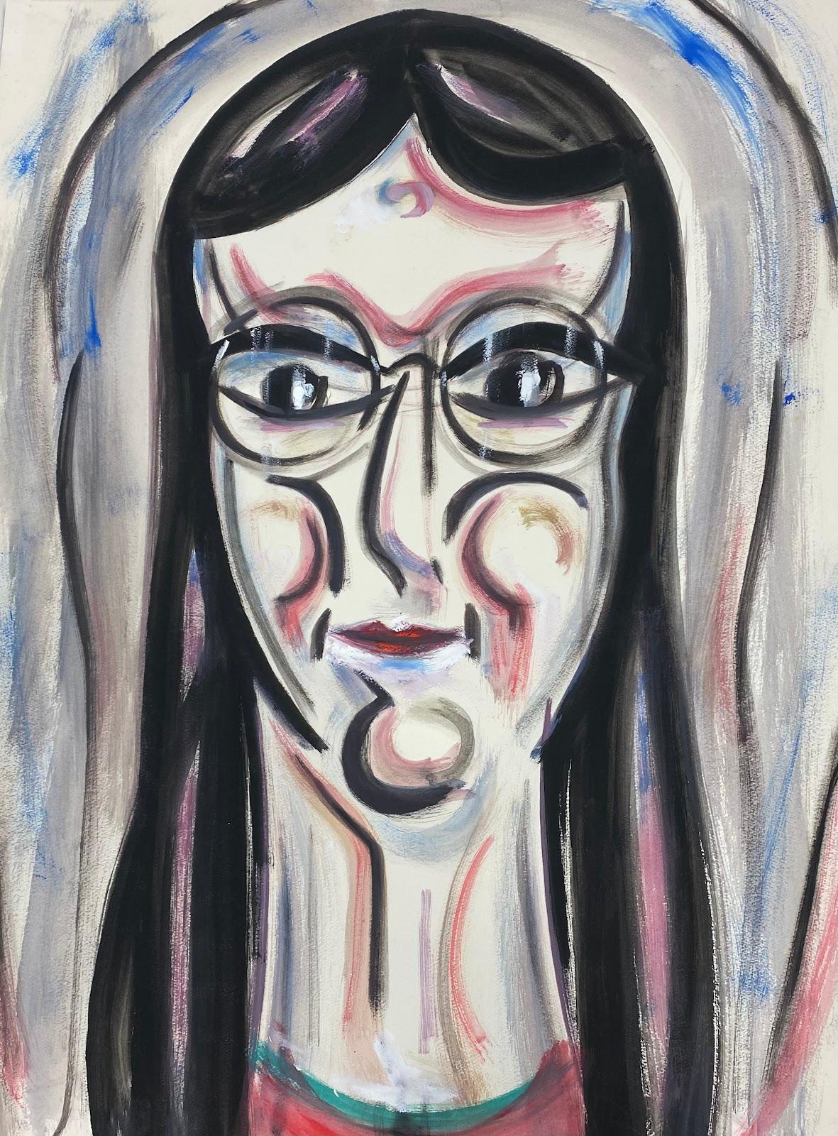 Peinture moderniste française - Portrait de femme brunette regardée de rose