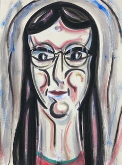 Peinture moderniste française - Portrait de femme brunette regardée de rose