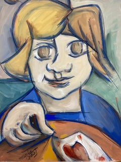 French Modernist Portrait Painting Of A Young Girl Playing Cards