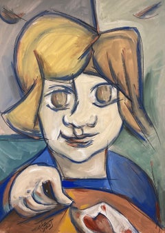 Peinture de portrait moderniste française d'une jeune fille jouant aux cartes