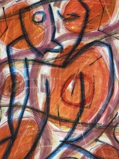 French Orange Circular Shape Abstract Gouache Painting