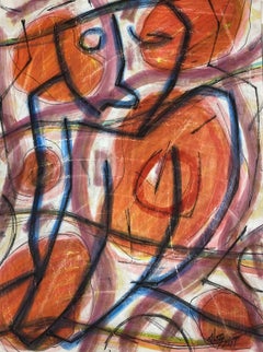 Peinture à la gouache abstraite française de forme circulaire orange