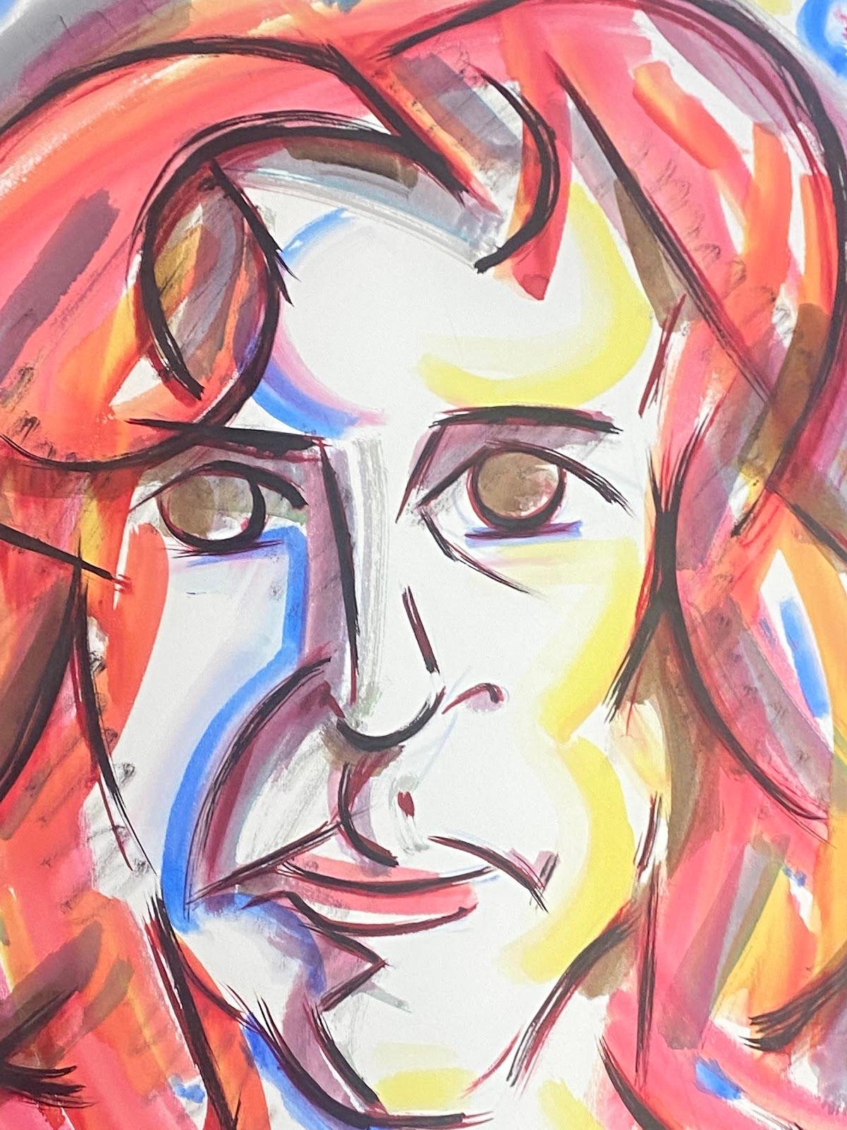 Abstraktes, farbenfrohes Porträt einer rotgewandten Frau, Französisches Gemälde – Painting von Paul-Louis Bolot (French 1918-2003)