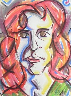 Peinture française abstraite colorée - Portrait de femme aux cheveux rouges
