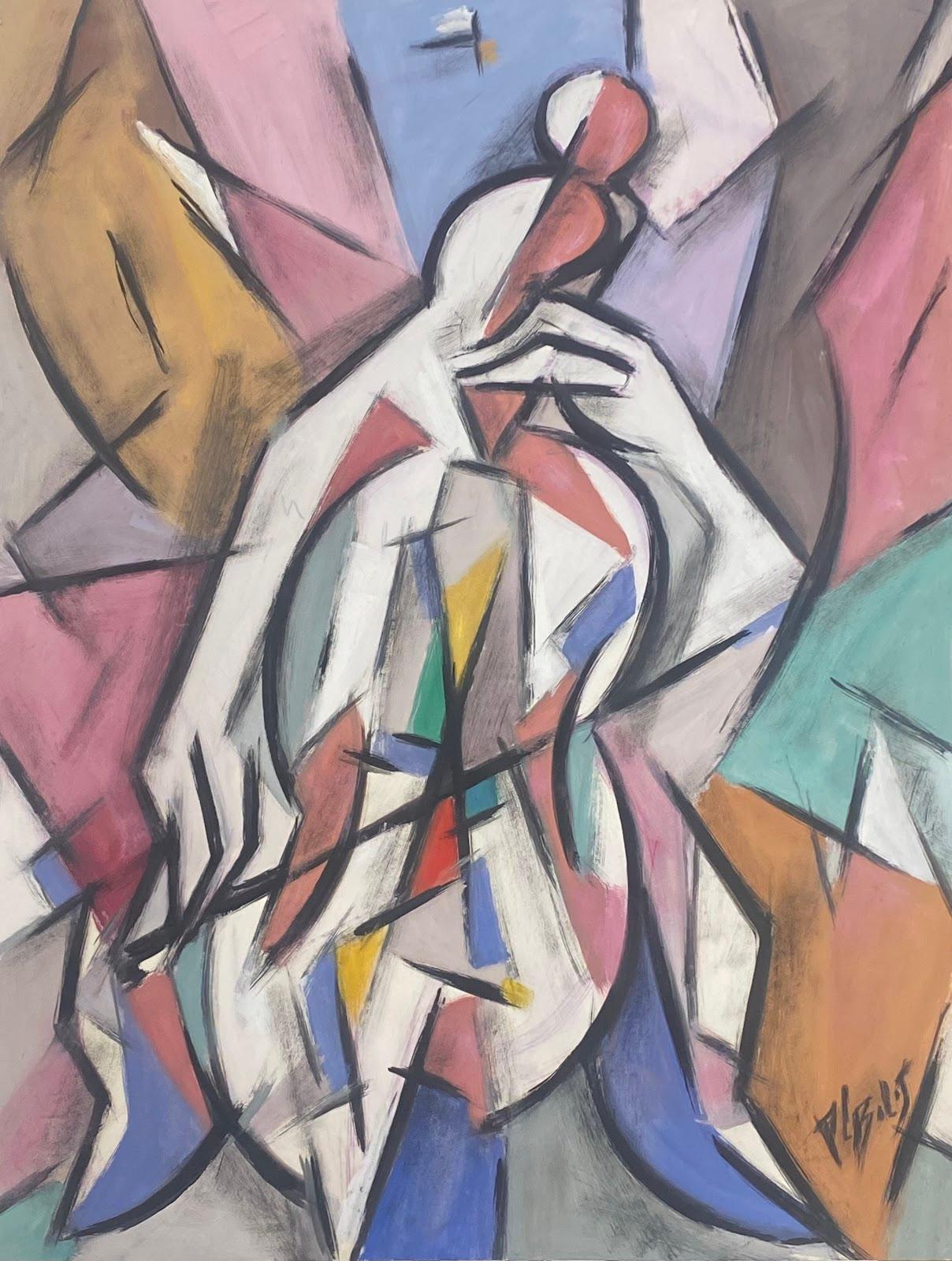 Paul-Louis Bolot (French 1918-2003) Still-Life Painting - French Painting Geometric Musician Portrait Of A Figure Playing The Cello