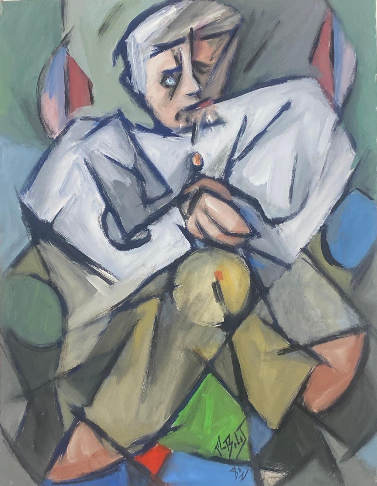 Paul-Louis Bolot (French 1918-2003) Still-Life Painting - French Painting Gloomy Geometric Patterns Portrait Of Elder Man Sat In Chair