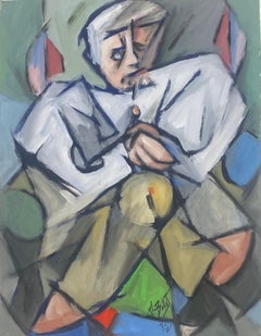 Vintage French Painting Gloomy Geometric Patterns Portrait Of Elder Man Sat In Chair