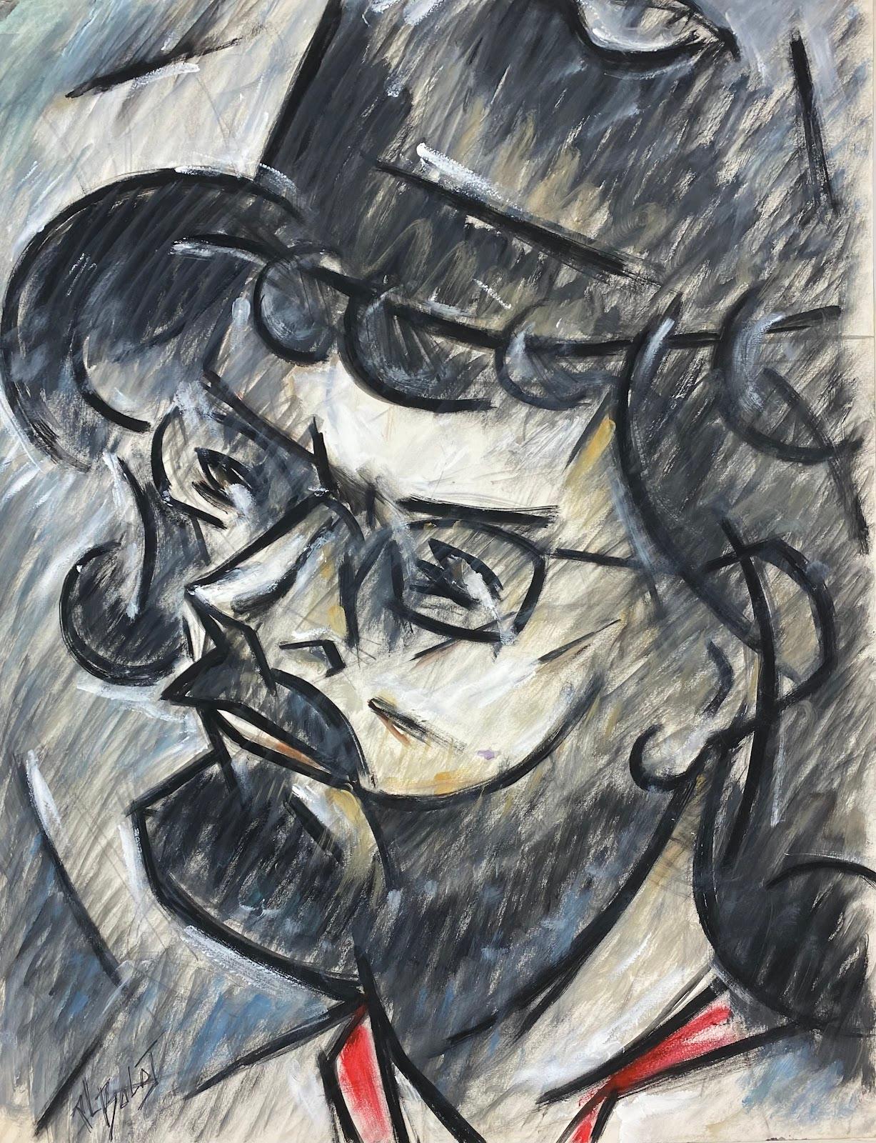 Paul-Louis Bolot (French 1918-2003) Still-Life Painting - French Painting Of A Gloomy Profile Portrait Of Bearded Male With Glasses