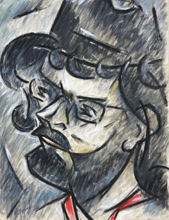 Peinture française d'un portrait de profil sombre d'un homme barbu avec des lunettes