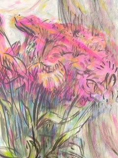 French Painting of a Tall Bunch Of Pink And Orange Flowers