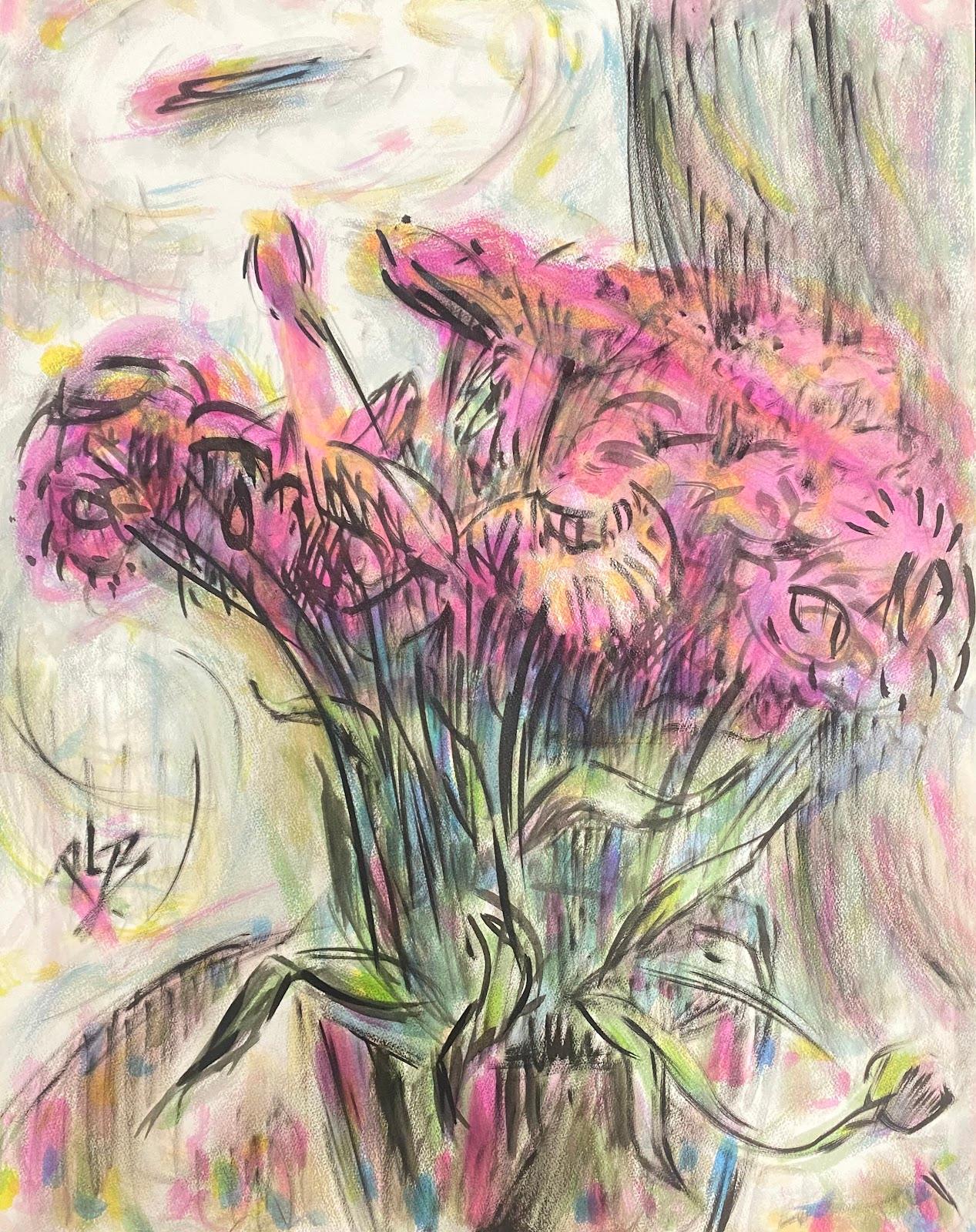 French Painting of a Tall Bunch Of Pink And Orange Flowers For Sale 1