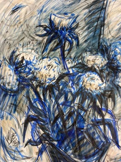 French Painting Of Flowers Beside Windowsill In A Blue Gloomy Scene