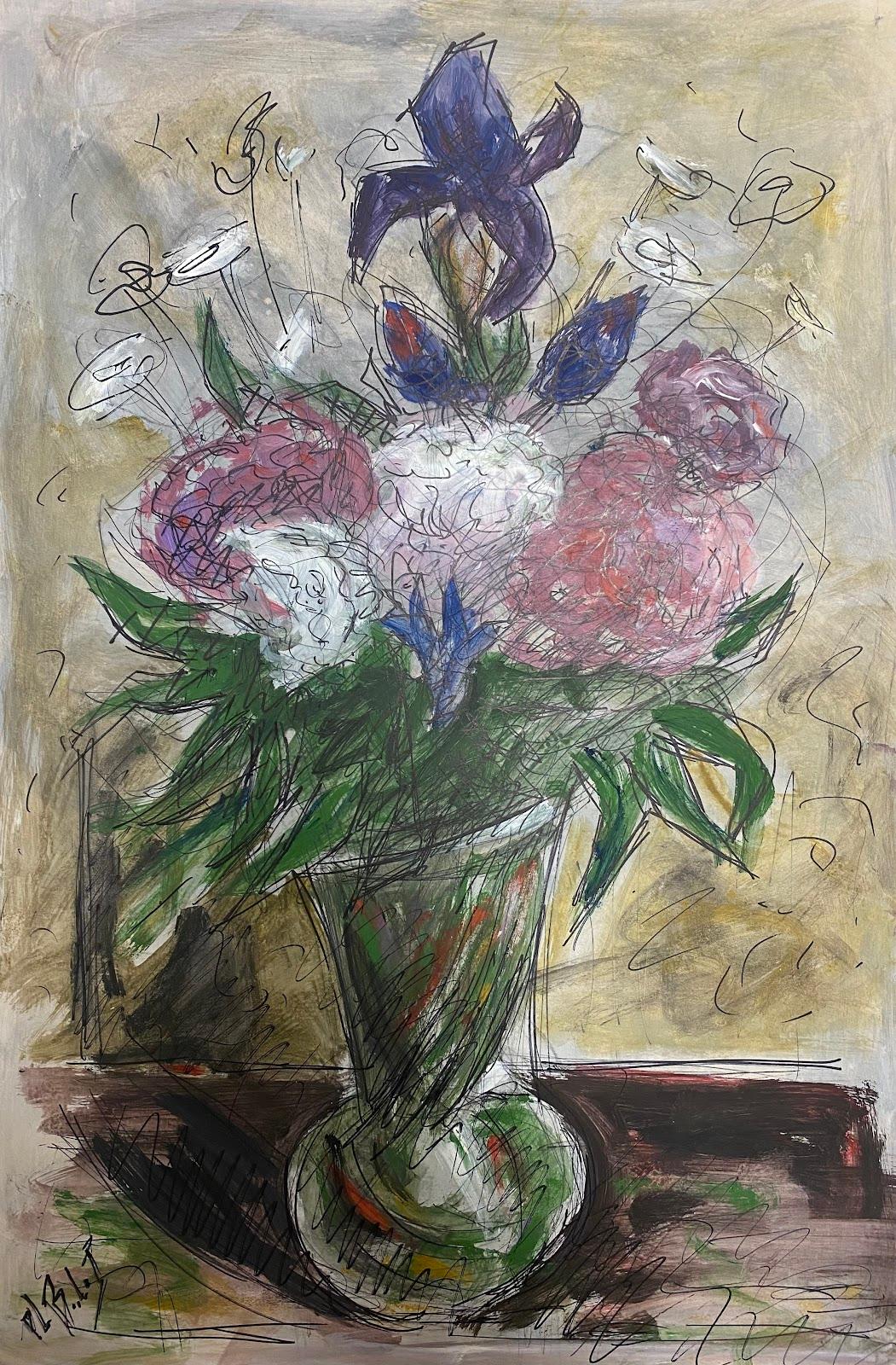 Paul-Louis Bolot (French 1918-2003) Figurative Painting - French Painting Of Pink , Purple And White Flowers Grouped In A Green Vase