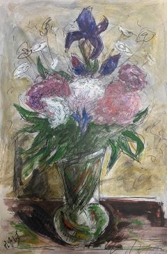 French Painting Of Pink , Purple And White Flowers Grouped In A Green Vase
