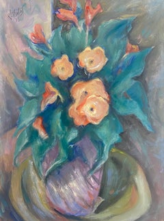 French Painting Orange Flowers With Bright Green Leaves In Vase