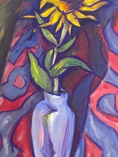 French Painting Wacky Still Life With Yellow Sunflower In Purple Vase