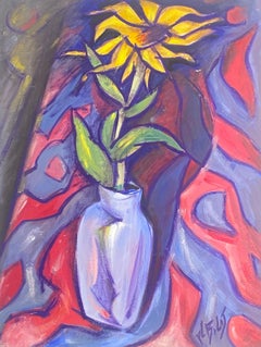 Französisches Gemälde Wacky Stillleben mit gelber Sonnenblume in lila Vase