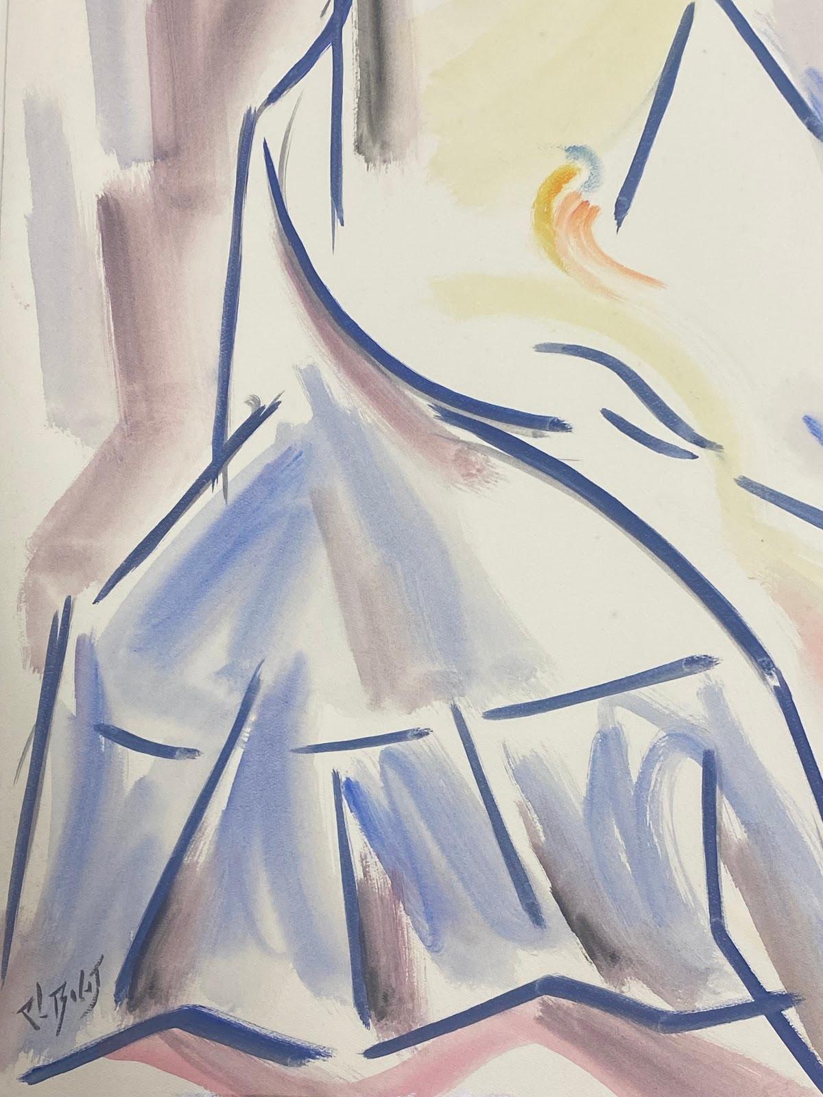 Retrato francés de dama vestida de azul tocando el piano, tonos claros - Painting de Paul-Louis Bolot (French 1918-2003)