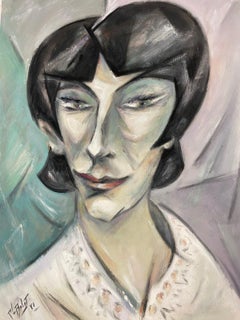 Peinture française d'un portrait sophistiqué d'une femme habillée en blanc 