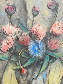Peinture à la gouache moderniste française de Wacky représentant des fleurs roses et bleues dans un vase