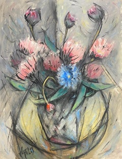 Vintage Wacky French Modernist Gouache Painting Of Pink And Blue Flowers In Vase