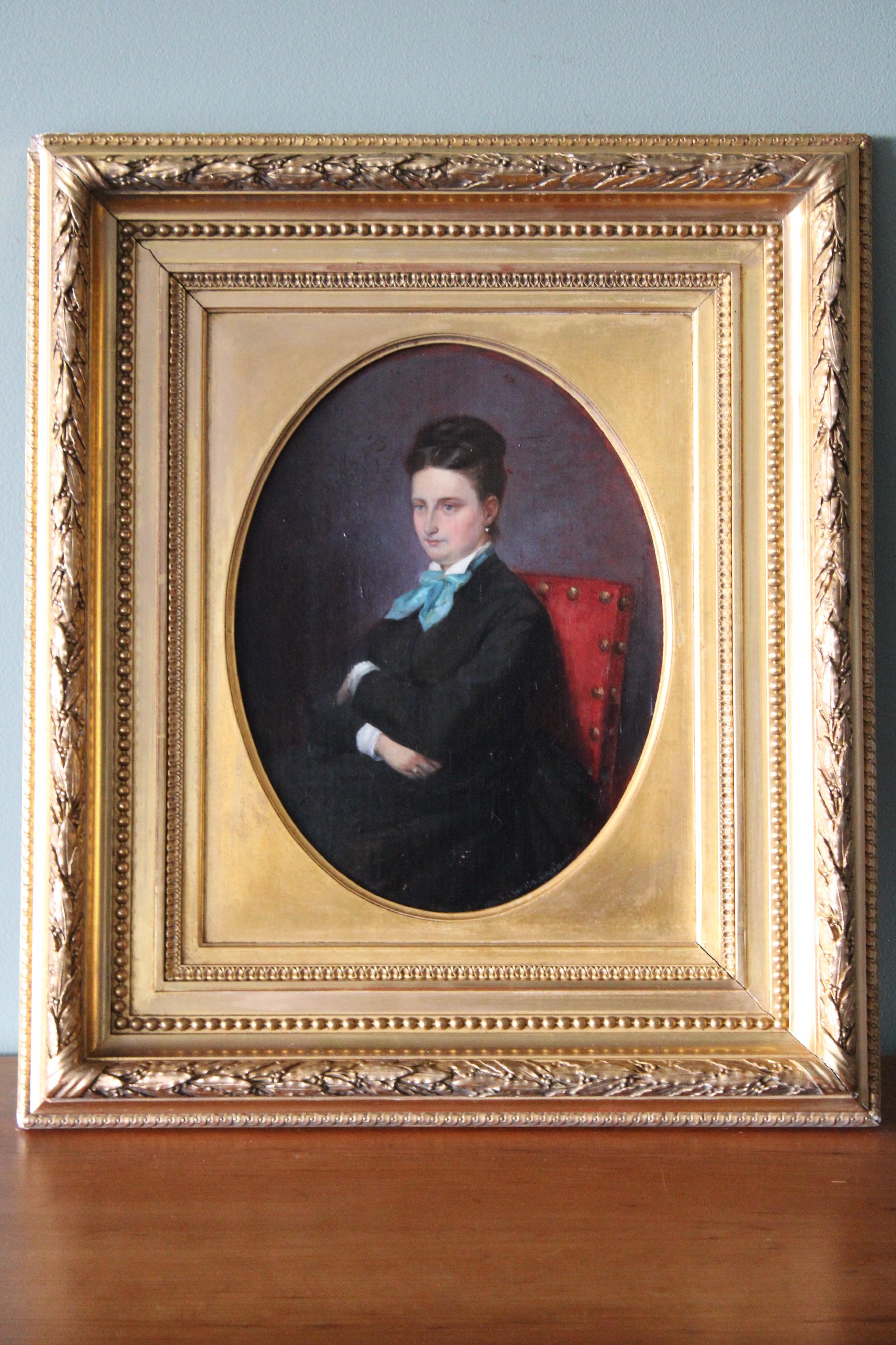 Portrait of a woman, French Antique portrait of a woman, framed portrait For Sale 5
