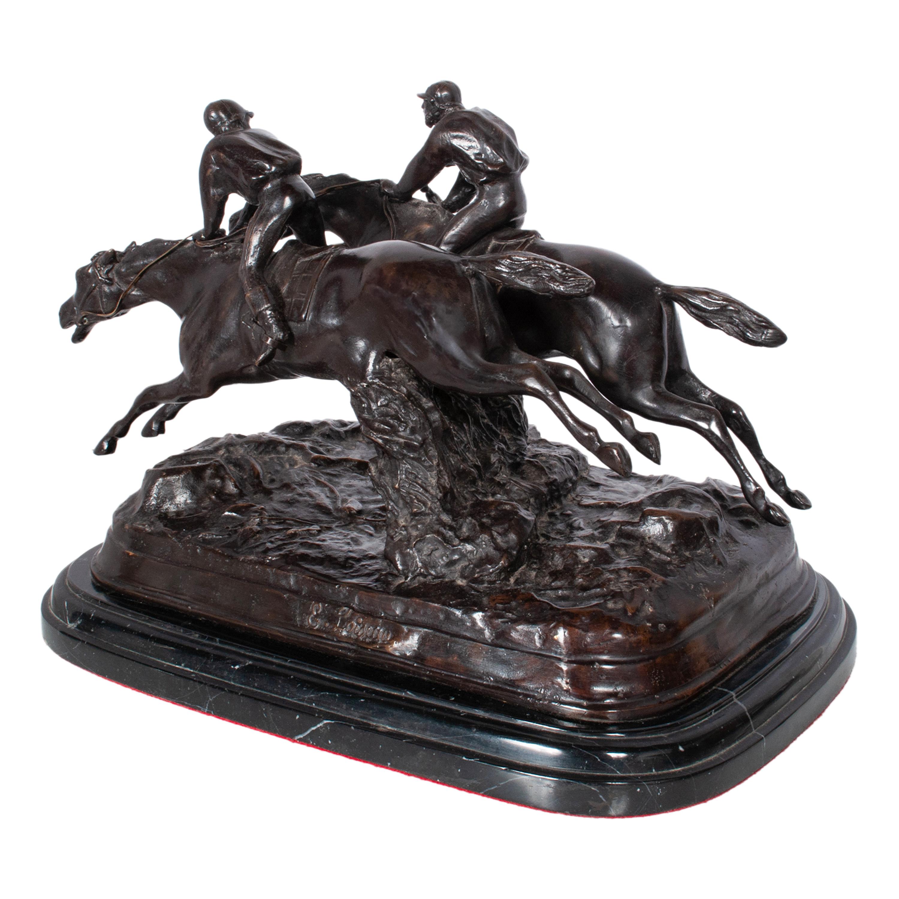 Antique French 19th Bronce Grupo Ecuestre Caballos Jockeys Estatua Escultura 1895 en venta 5