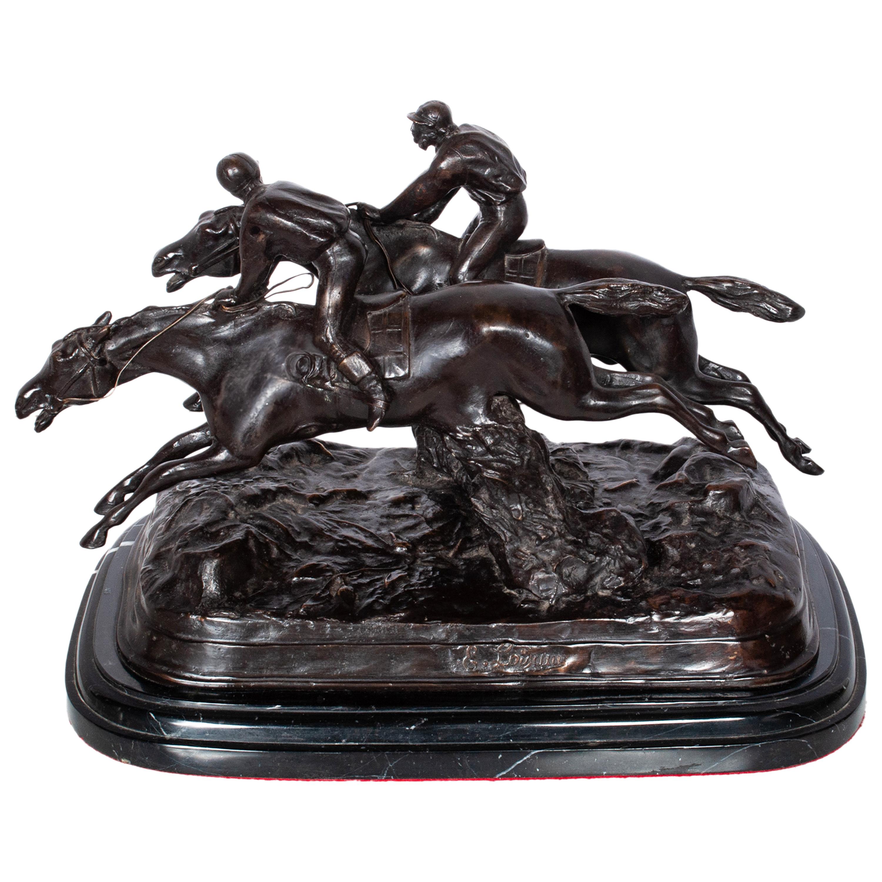 Antique French 19th Bronce Grupo Ecuestre Caballos Jockeys Estatua Escultura 1895 en venta 6