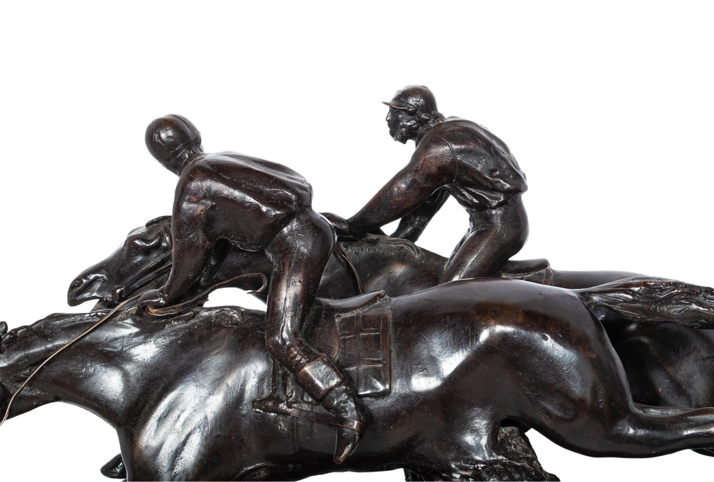 Antique French 19th Bronce Grupo Ecuestre Caballos Jockeys Estatua Escultura 1895 en venta 11