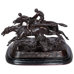 Antique French 19th Bronze Equestrian Group Horses Jockeys Statue Sculpture 1895
