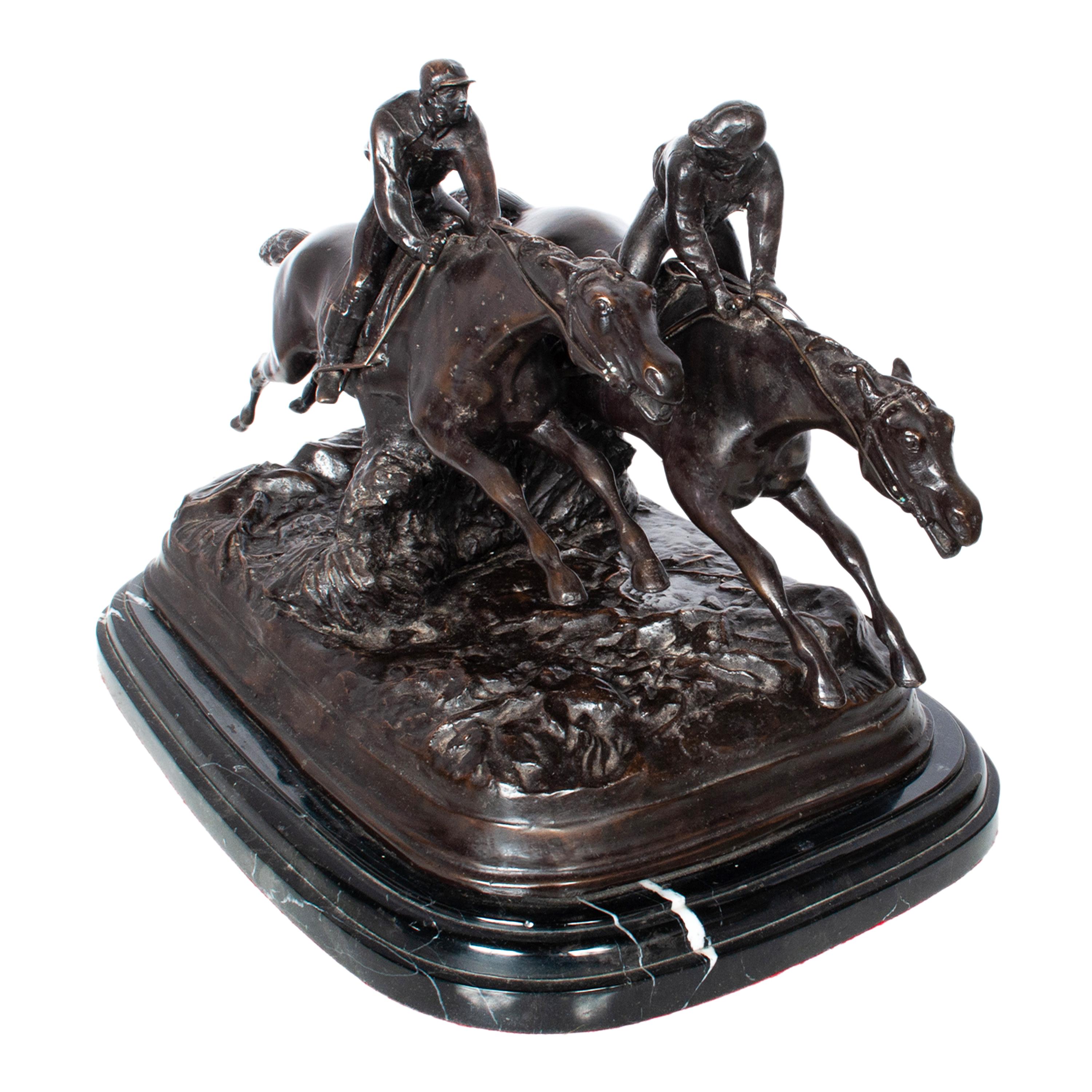 Antique French 19th Bronce Grupo Ecuestre Caballos Jockeys Estatua Escultura 1895 - Sculpture Escuela francesa de Paul Louis Émile Loiseau-Rousseau