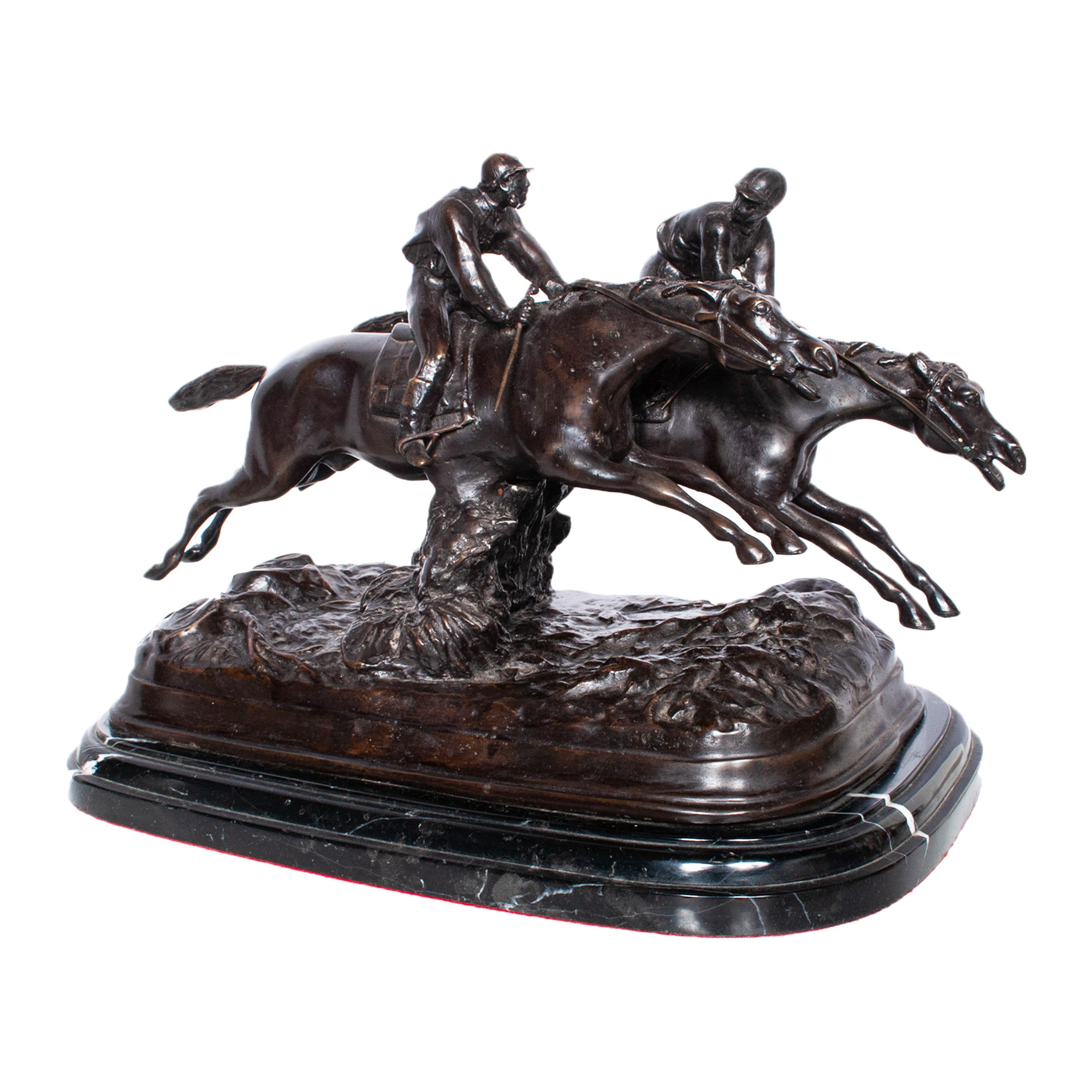 Antique French 19th Bronce Grupo Ecuestre Caballos Jockeys Estatua Escultura 1895 - Figurative Sculpture Oro de Paul Louis Émile Loiseau-Rousseau